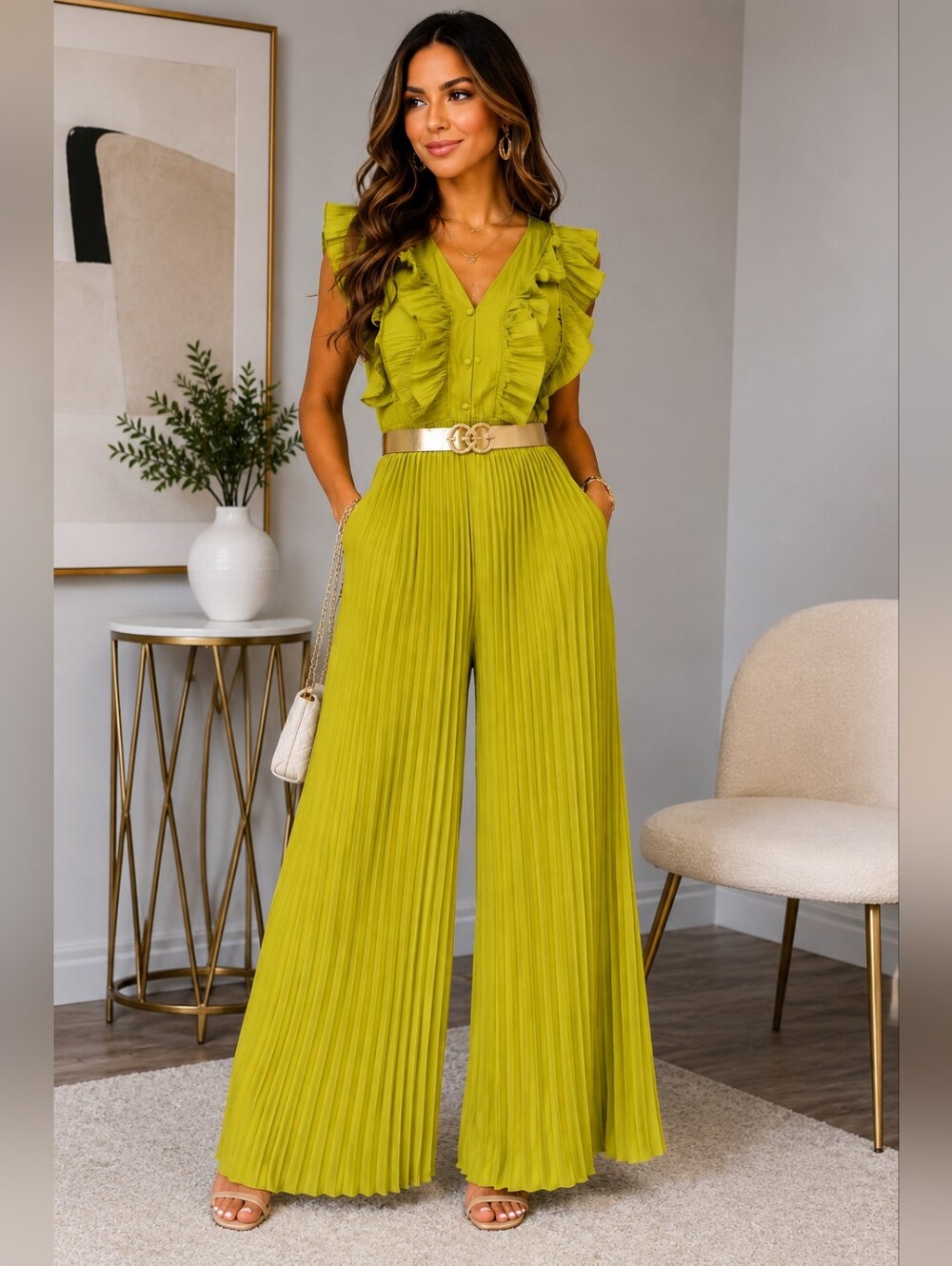 Chicme Lime Green Pleated Ruffle Wide Leg Jumpsuit Small NWOT With Pockets